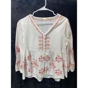 Andree By Unit White Embroidered Boho Peasant Blouse Top Button Front